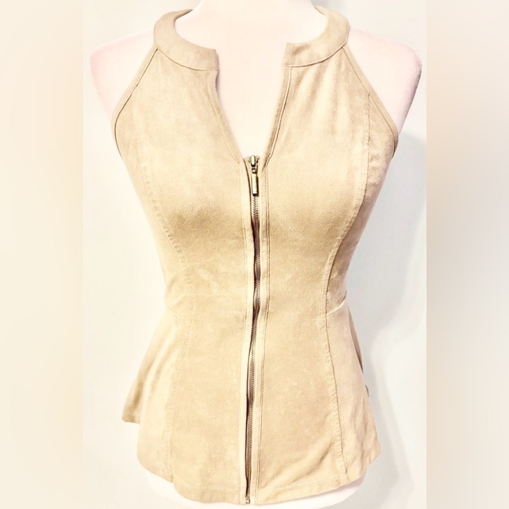 Guess tan fitted zip up faux suede top